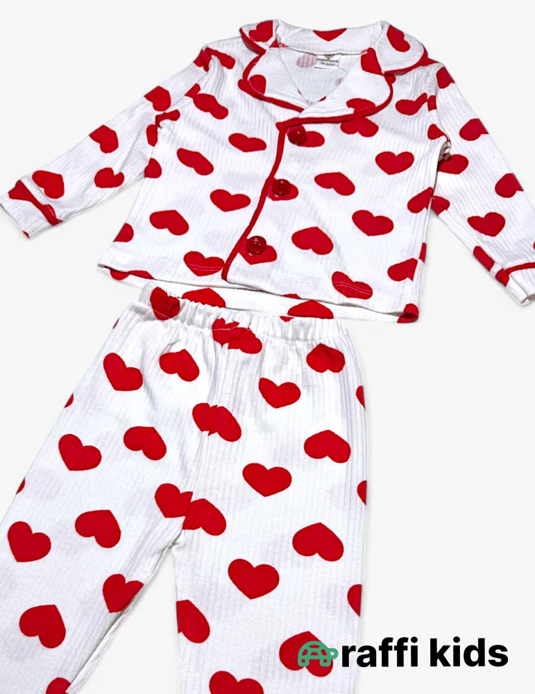 Qırmızı ürəklər uzunqol pijama -  türkiyə istehsalı pambıq uşaq geyimi|Raffikids