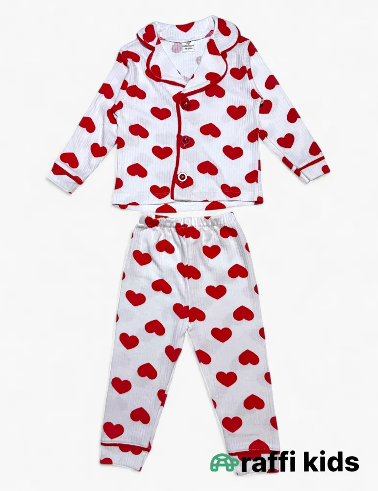 Qırmızı ürəklər uzunqol pijama -  türkiyə istehsalı pambıq uşaq geyimi|Raffikids