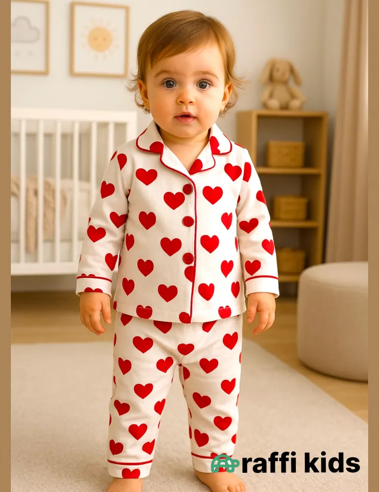Qırmızı ürəklər uzunqol pijama -  türkiyə istehsalı pambıq uşaq geyimi|Raffikids