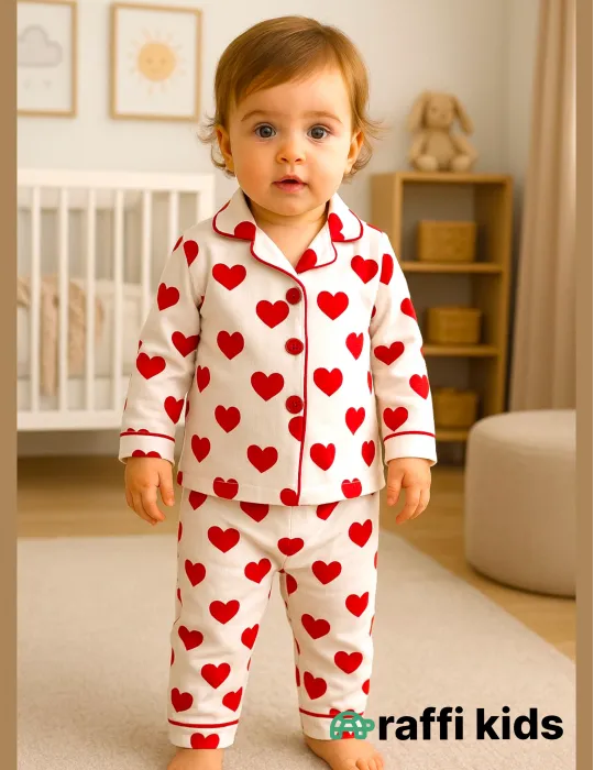 Qırmızı ürəklər uzunqol pijama -  türkiyə istehsalı pambıq uşaq geyimi|Raffikids