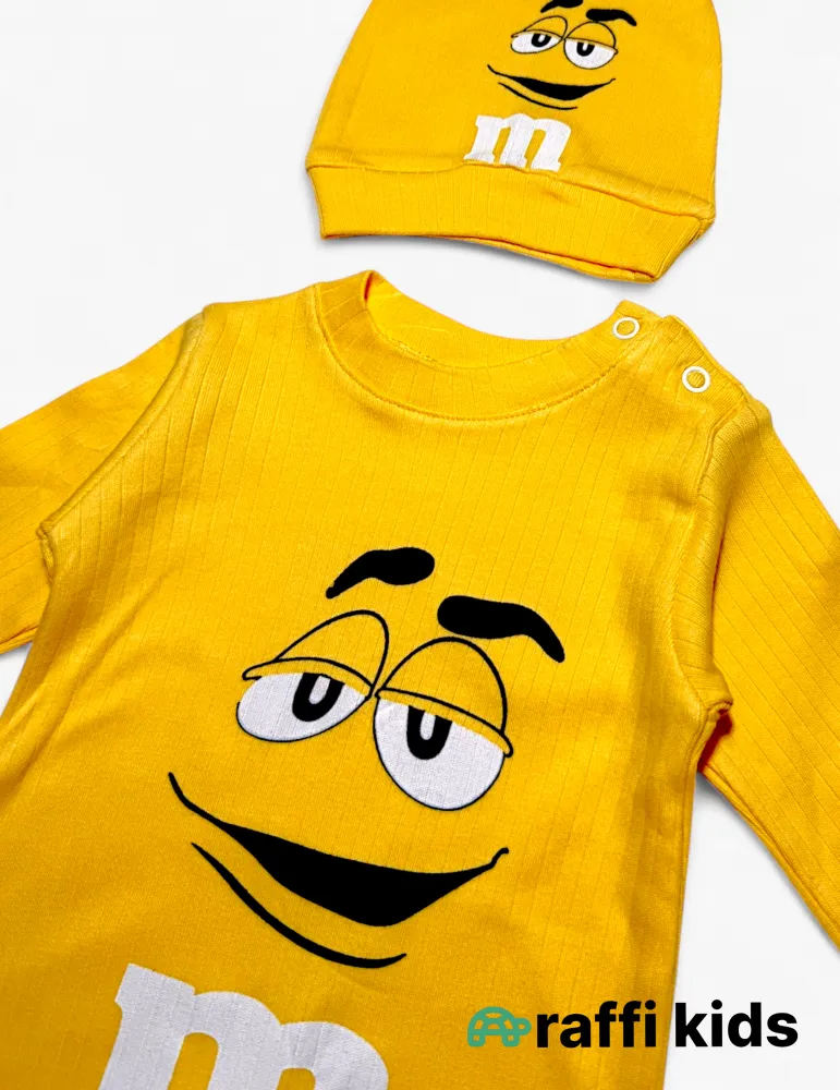M&M's sarı uzunqol papaqlı türkiyə istehsalı pambıq uşaq tulumu|Raffikids