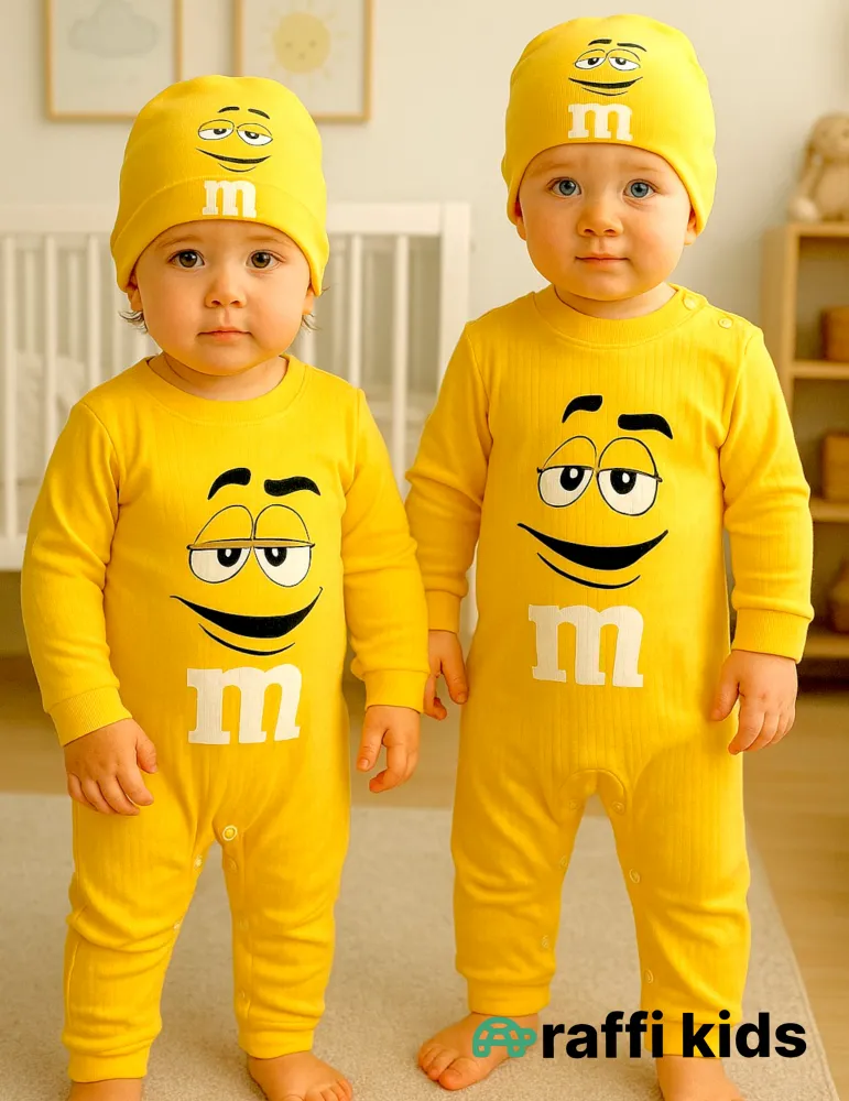 M&M's sarı uzunqol papaqlı türkiyə istehsalı pambıq uşaq tulumu|Raffikids