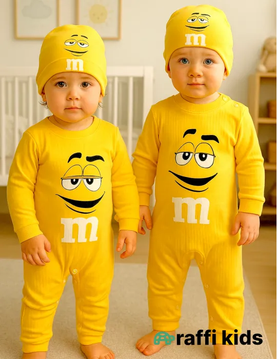 M&M's sarı uzunqol papaqlı türkiyə istehsalı pambıq uşaq tulumu|Raffikids