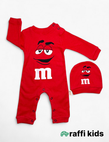 M&M's qırmızı uzunqol papaqlı tulum - istehsalı pambıq uşaq geyimi|Raffikids 2