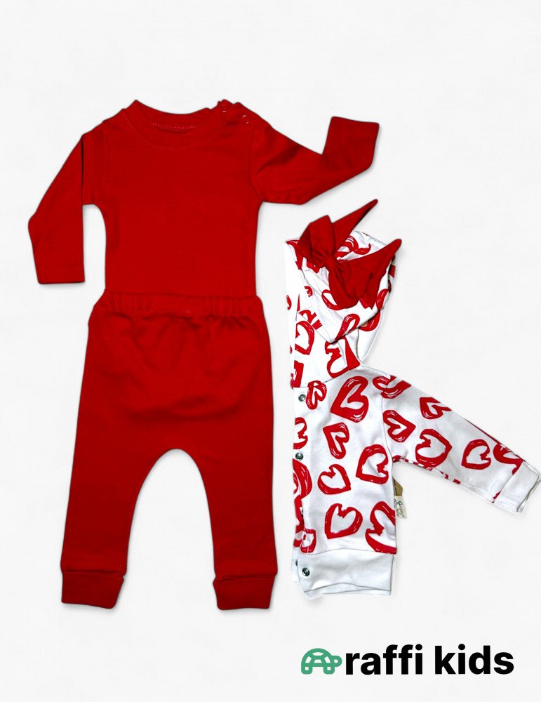 Qırmızı ürəklər 3-lü dəst - türkiyə istehsalı pambıq uşaq geyimi|Raffikids