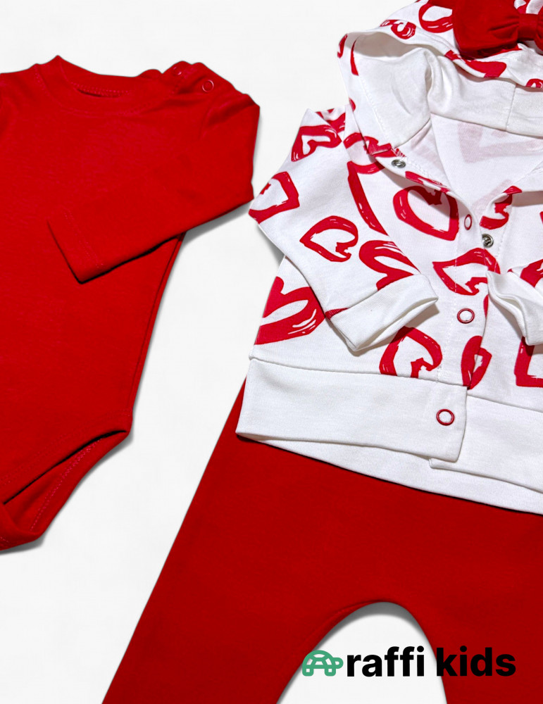 Qırmızı ürəklər 3-lü dəst - türkiyə istehsalı pambıq uşaq geyimi|Raffikids