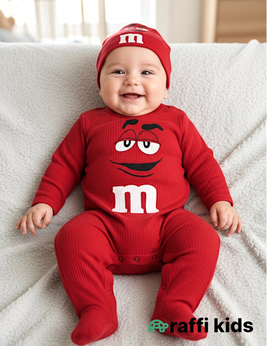 M&M's qırmızı uzunqol papaqlı tulum - istehsalı pambıq uşaq geyimi|Raffikids