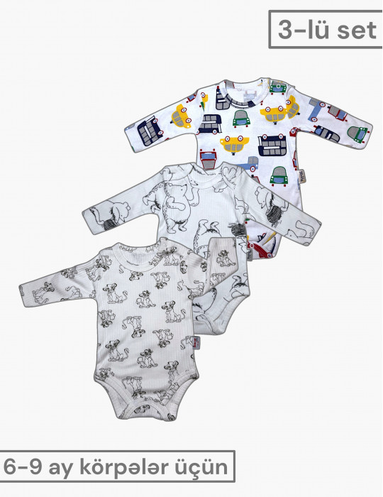3-lü uzunqol body seti (6-9 aylıq körpələr üçün)|Raffikids