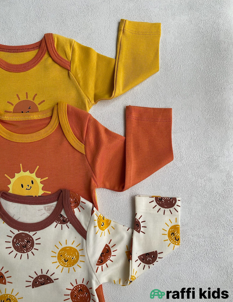 Günəşi gözləyərkən 3-lü uzunqol body set-Türkiyə istehsalı pambıq uşaq geyimi|Raffikids
