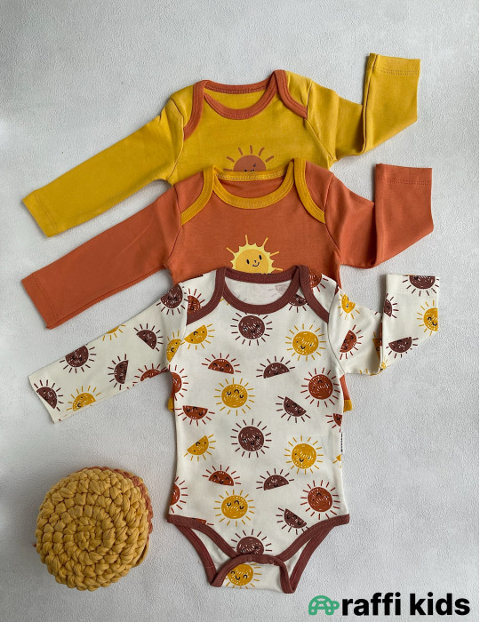 Günəşi gözləyərkən 3-lü uzunqol body set-Türkiyə istehsalı pambıq uşaq geyimi|Raffikids