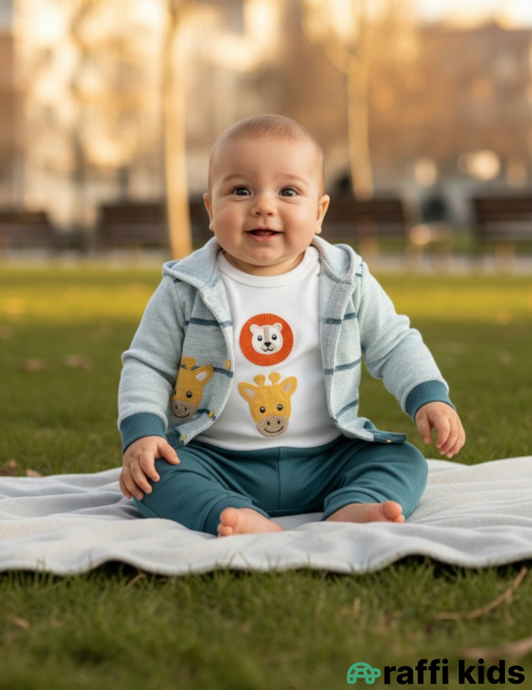 Zürafə və şir dostluqu 3-lü dəst-Türkiyə istehsalı pambıq uşaq geyimi|Raffikids