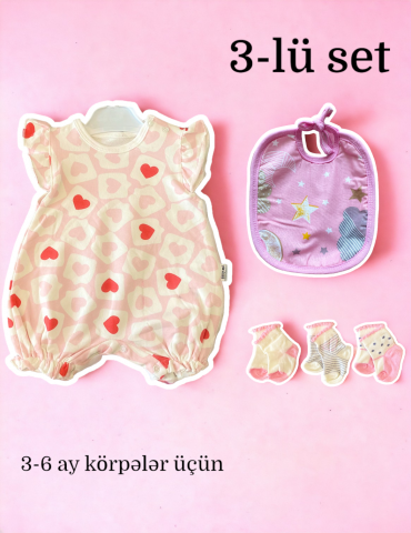 3-lü  set tulum, corab, önlük (3-6 ay körpələr üçün)