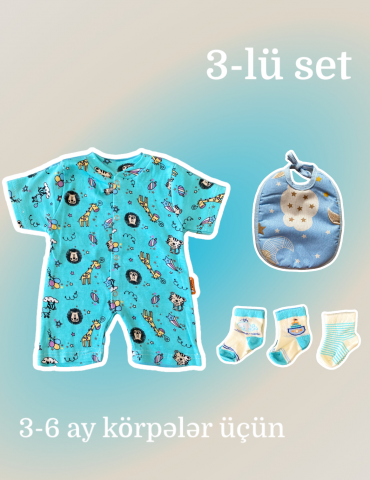 3-lü set tulum, corab,önlük (3-6 ay körpələr üçün)