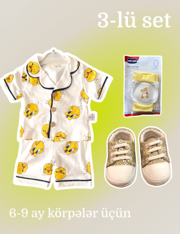 3-lü set pijama, ayaqqabı, dizlik (6-9 ay körpələr üçün)