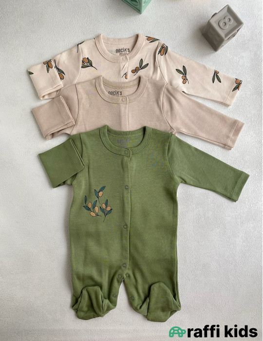 Zeytunlar ayaqı bağlı tulum 3-lü set-Türkiyə istehsalı pambıq uşaq geyimi|Raffi Kids