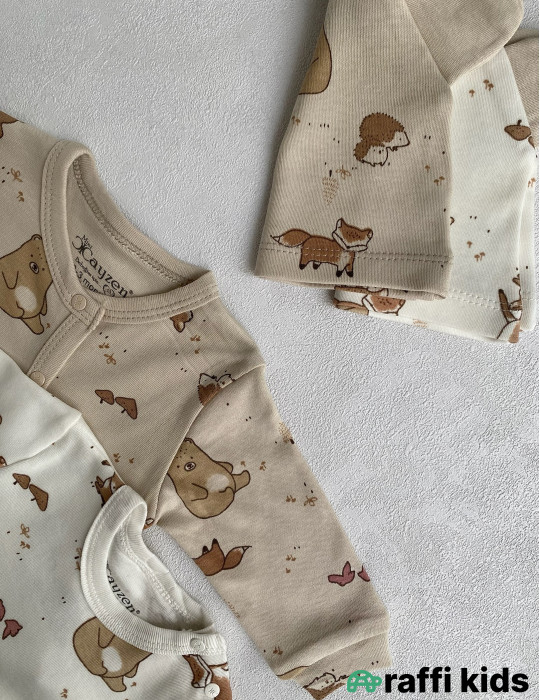 Canlı təbiət papaqlı ayaqı bağlı 2-li tulum set-Türkiyə istehsalı pambıq uşaq geyimi|Raffikids
