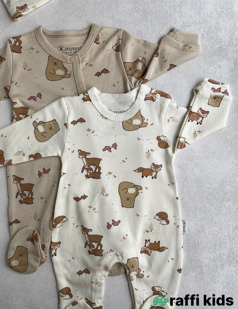 Canlı təbiət papaqlı ayaqı bağlı 2-li tulum set-Türkiyə istehsalı pambıq uşaq geyimi|Raffikids