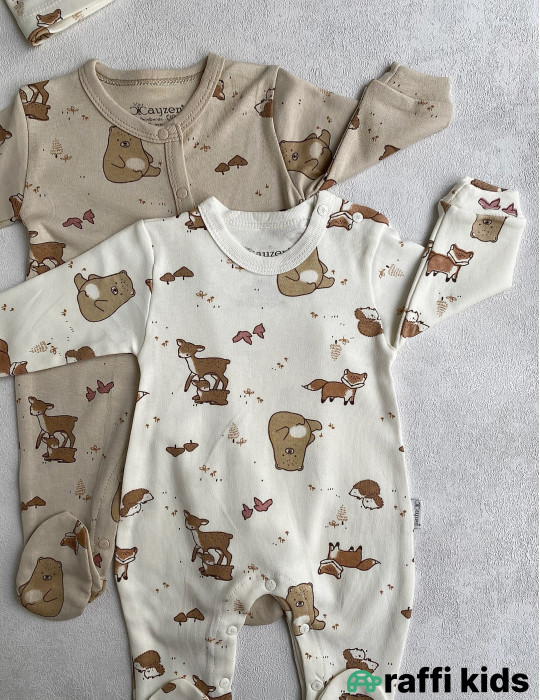 Canlı təbiət papaqlı ayaqı bağlı 2-li tulum set-Türkiyə istehsalı pambıq uşaq geyimi|Raffikids