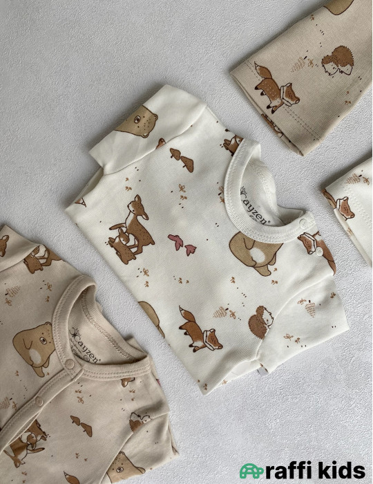 Canlı təbiət papaqlı ayaqı bağlı 2-li tulum set-Türkiyə istehsalı pambıq uşaq geyimi|Raffikids