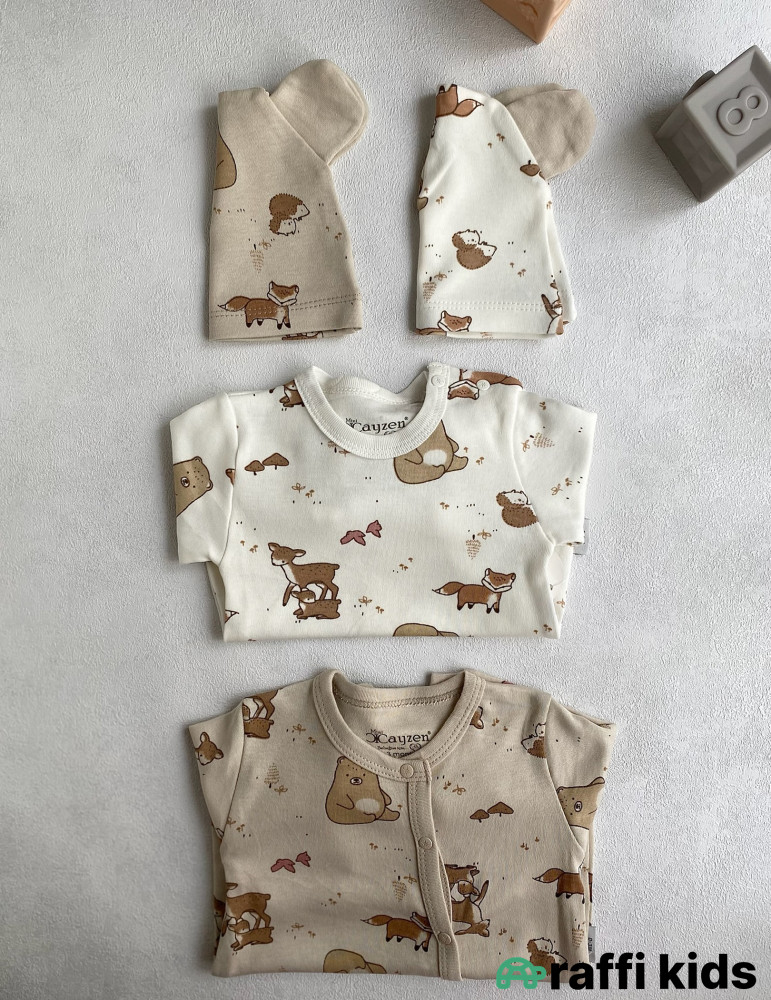 Canlı təbiət papaqlı ayaqı bağlı 2-li tulum set-Türkiyə istehsalı pambıq uşaq geyimi|Raffikids