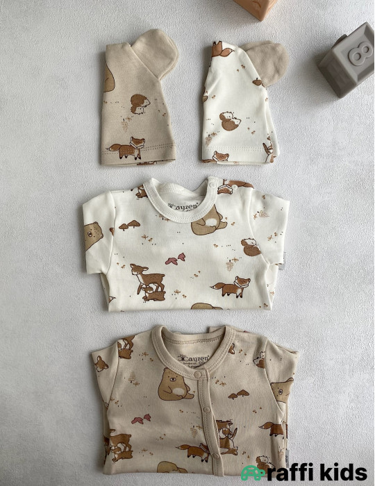 Canlı təbiət papaqlı ayaqı bağlı 2-li tulum set-Türkiyə istehsalı pambıq uşaq geyimi|Raffikids