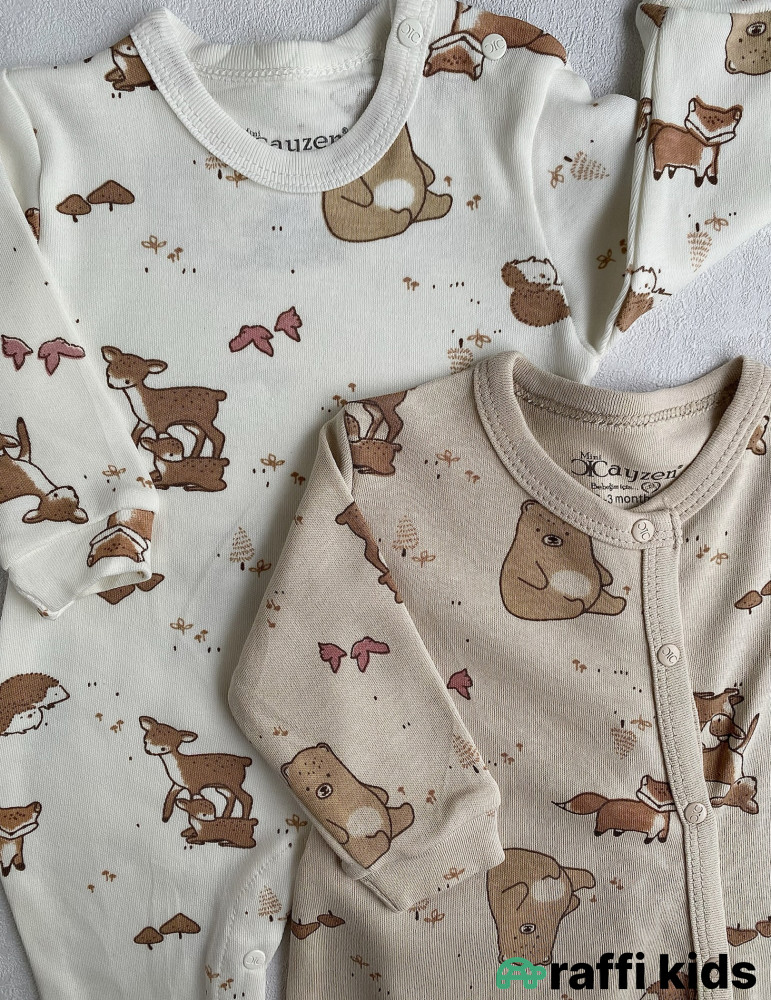 Canlı təbiət papaqlı ayaqı bağlı 2-li tulum set-Türkiyə istehsalı pambıq uşaq geyimi|Raffikids