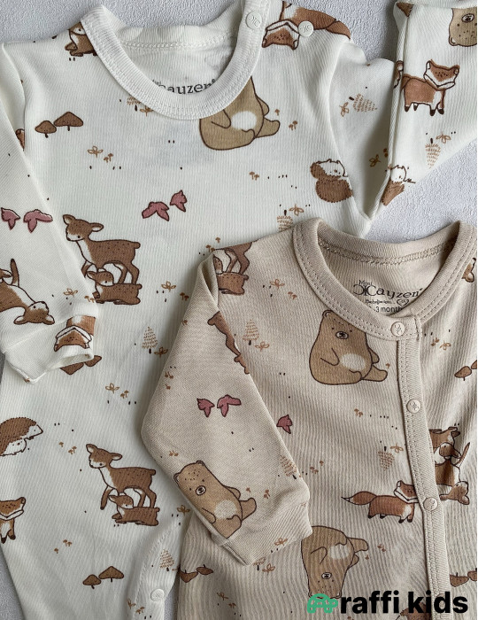 Canlı təbiət papaqlı ayaqı bağlı 2-li tulum set-Türkiyə istehsalı pambıq uşaq geyimi|Raffikids