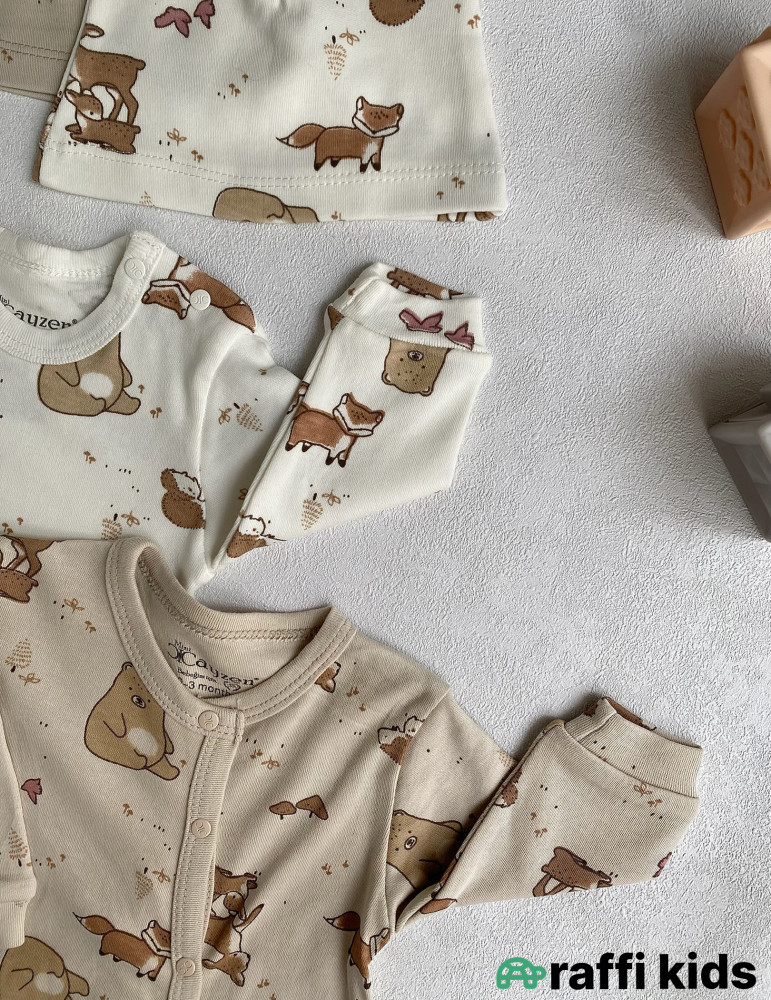 Canlı təbiət papaqlı ayaqı bağlı 2-li tulum set-Türkiyə istehsalı pambıq uşaq geyimi|Raffikids