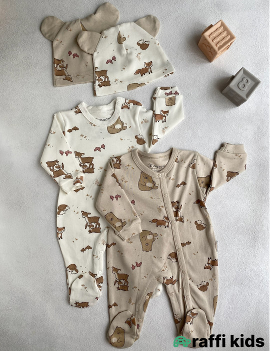 Canlı təbiət papaqlı ayaqı bağlı 2-li tulum set-Türkiyə istehsalı pambıq uşaq geyimi|Raffikids