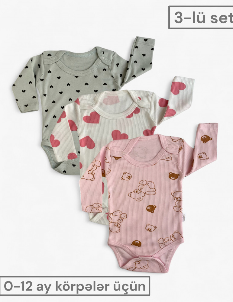 Uzunqol body 3-lü set -Türkiyə istehsalı pambıq uşaq geyimi|Raffi Kids