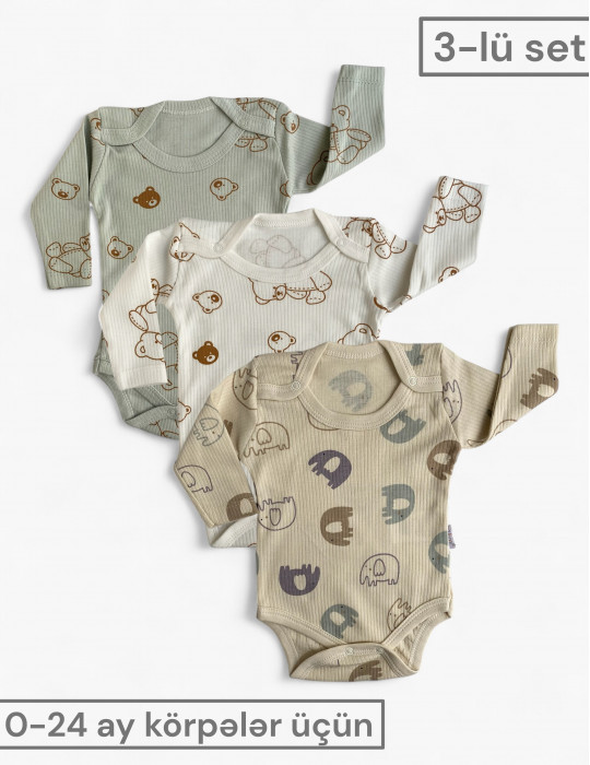 Uzunqol body 3-lü set -Türkiyə istehsalı pambıq uşaq geyimi|Raffi Kids
