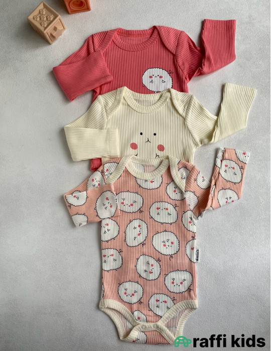 Çəhrayı buludlar 3-lü uzunqol body set -Türkiyə istehsalı pambıq uşaq geyimi|Raffi Kids