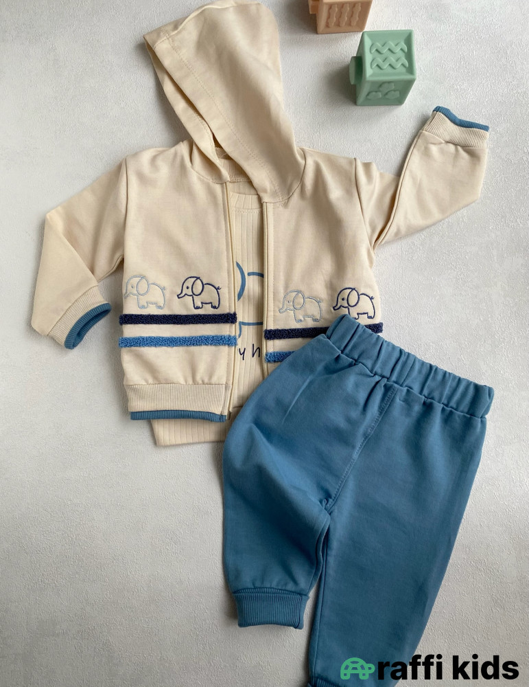 Mavi fil 3-lü dəst -Türkiyə istehsalı pambıq uşaq geyimi|Raffi Kids